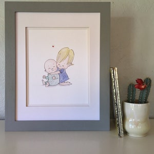Girl and Baby Hugging Reproduction of watercolor painting--8x10 print (unframed)