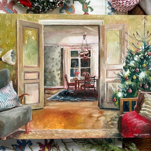 Original Oil Painting of Christmas Interior
