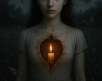 Stampa di ritratto gotico surrealista, Ragazza con candela e cuore, Decorazione murale dark fantasy (Download digitale)
