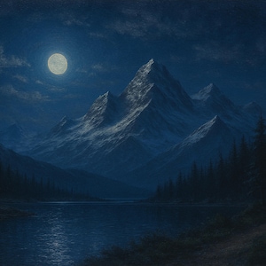 Moonlit Mountain Wall Art – Midnight Snow Landscape with Lake and Pines | Serene Night Sky Print for Calm or Rustic Decor