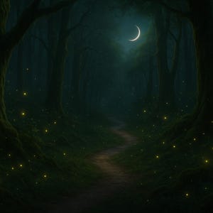 May include: A dark, enchanting forest scene with a winding path leading into the distance. The image features tall trees, a crescent moon, and glowing yellow lights scattered throughout the scene, creating a magical atmosphere.