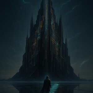 May include: Digital art depicting a towering, dark, futuristic structure with intricate glowing lines, resembling a high-tech castle. A lone figure walks towards it on a glowing path, under a stormy sky with lightning.