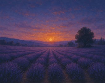 Lavendel Sonnenuntergang Wand Kunst - Twilight Blumenfeld Druck | Romantische lila Landschaft für Schlafzimmer oder Entspannung Dekor