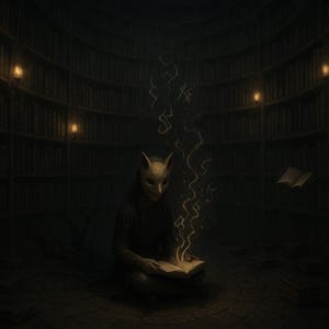 Op de afbeelding: Een donkere illustratie van een persoon met een kattenmasker, lezend in een cirkelvormige bibliotheek. Licht komt uit het open boek, met zwevende boeken en gedempte verlichting. De scène roept een gevoel van mysterie op.