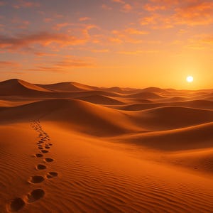 Puede incluir: Un paisaje desértico al atardecer. La imagen muestra dunas de arena onduladas en tonos naranja y marrón, con un rastro de huellas que atraviesa la arena. El sol es un orbe brillante en el cielo, proyectando un brillo cálido.