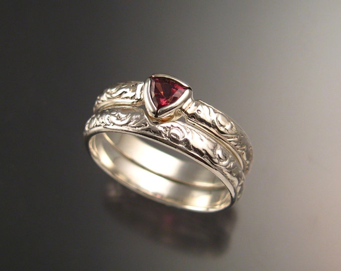 Pink Tourmaline Triangle Wedding set Sterling Silver Victorian bezel set Pink Diamond substitute ring made to order in your size