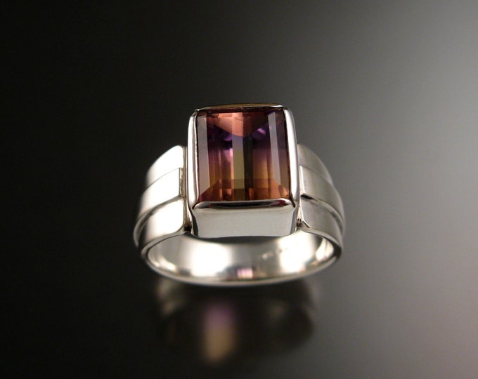 Ametrine Ring Sterling Silver Bezel set wide band rectangular natural gemstone Mans ring size 10 1/2