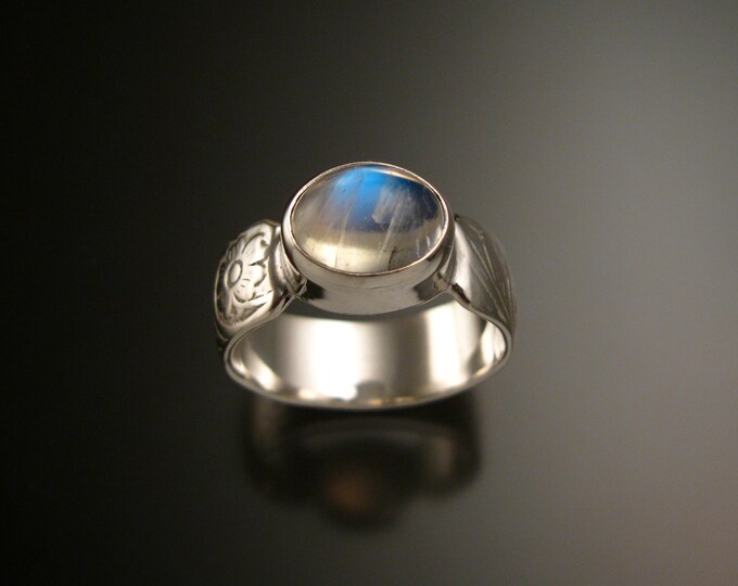 Moonstone 14k White Gold handmade wide Victorian floral pattern band ring east west bezel set stone ring made to order in your size
