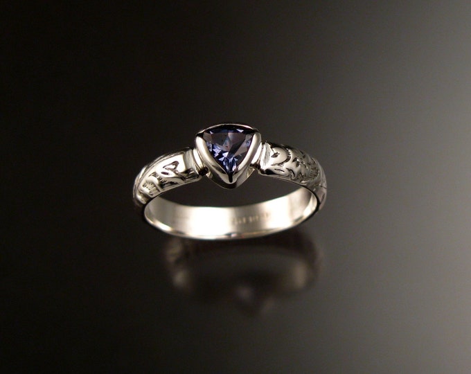 Iolite Triangle cut Natural gemstone sterling silver Sapphire substitute ring with Victorian floral pattern band made to order in your size