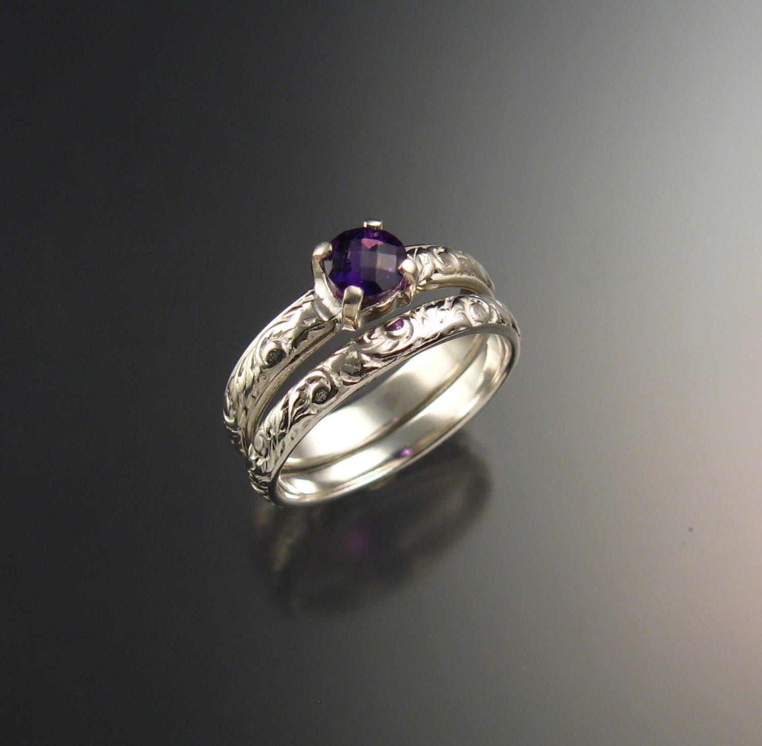 Amethyst Wedding ring set 14k White Gold made to order in