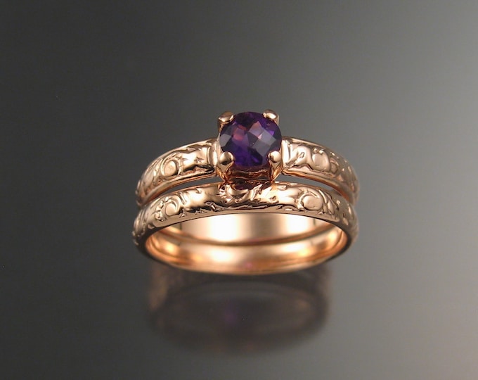 Amethyst Wedding set 14k Rose Gold Victorian floral pattern two ring set made to order in your size