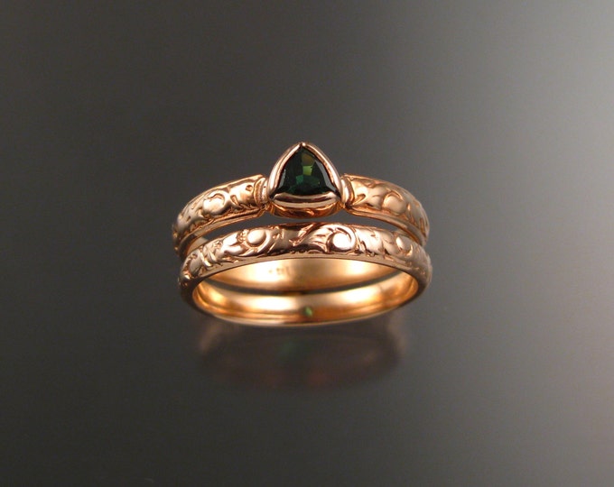Green Garnet triangle Wedding set 14k Rose Gold Victorian bezel set stone two ring set made to order in your size