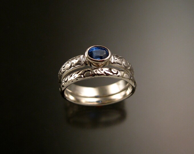 Kyanite two ring wedding set 14k White Gold Sapphire substitute with bezel set stone made to order in your size