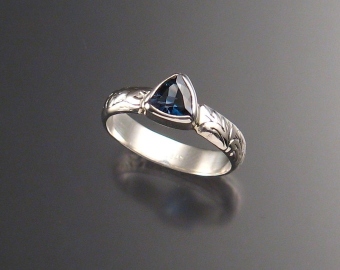 London Blue Topaz Triangle ring deep blue Sapphire substitute Victorian floral pattern band ring made to order in your  size