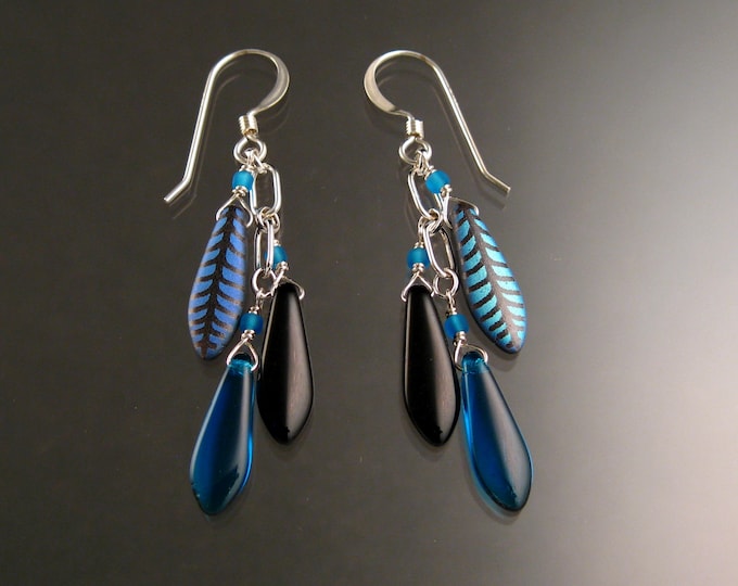 Czech Glass "Dagger " Earrings Iridescent blue Feather Pattern and Black Sterling Silver