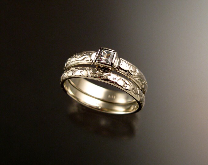 White Sapphire Wedding set 14k White Gold Natural square cut stone Victorian bezel set Diamond substitute ring made to order in your size