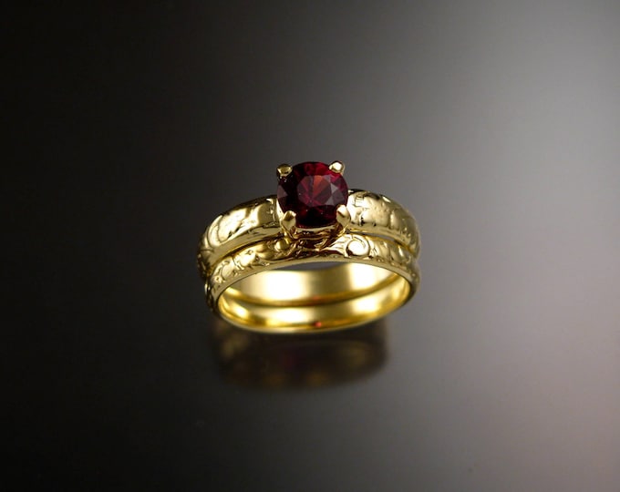 Garnet Wedding set 14k Green Gold Ruby substitute Natural Raspberry Rhodolite Garnet ring made to order in your size
