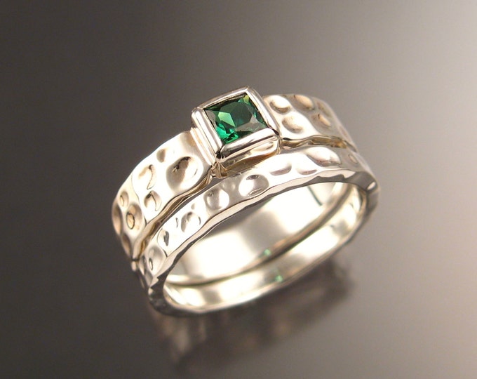Green Tourmaline square Moonscape two ring Wedding set Emerald substitute engagement ring handcrafted in 14k white gold in your size