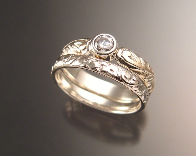 White Sapphire diamond substitute Victorian floral pattern two ring Wedding set crafted in 14k white gold made to order in your size