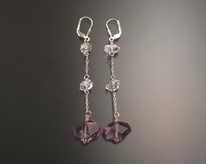 Natural Polished Amethyst Crystal and Herkermer "Diamond" Quartz crystal earrings Sterling Silver handcrafted long dangle earrings