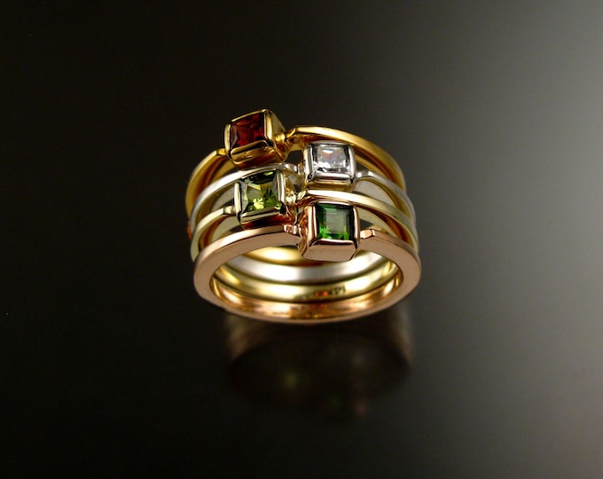 Stackable Mothers ring set of Four 14k Yellow, White, Green and rose Gold square birthstone stacking rings Made to order in your size