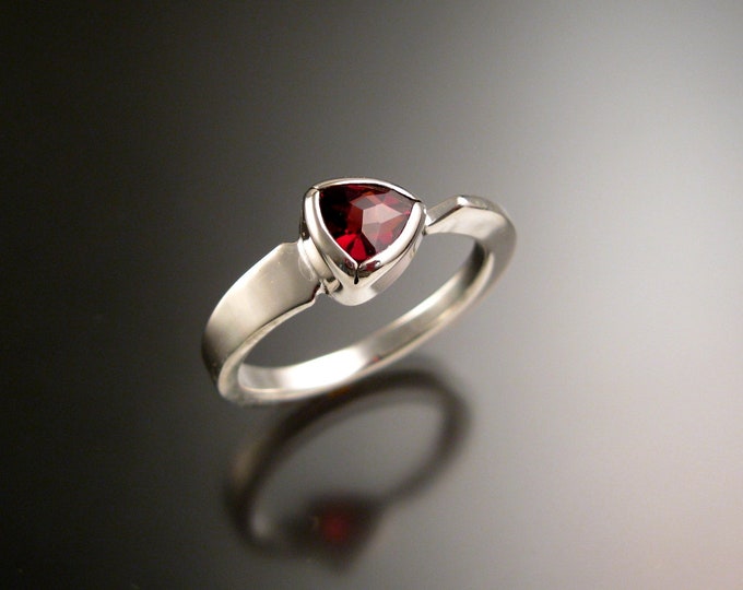 Garnet triangle ring 14k white Gold bezel set Stone Asymmetrical setting made to order in your Size