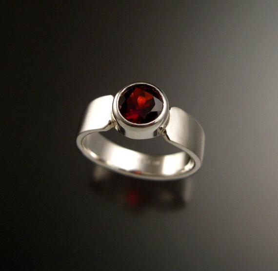 Garnet Red Round Sterling Silver Bezel Set Stone Ring With