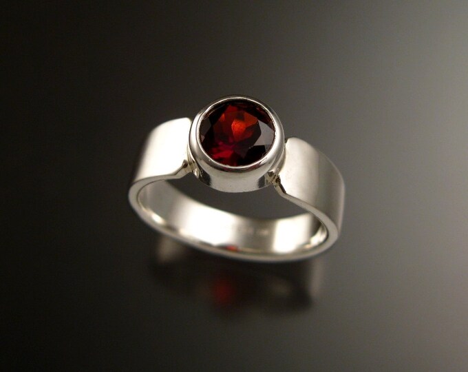 Garnet red 6.5mm round Sterling Silver Bezel set stone ring with cold forged tapered band made to order in your size