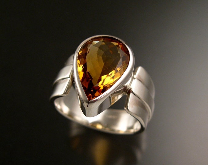 Citrine Pear shaped stone ring Sterling Silver large stone Topaz substitute ring size 12 1/2