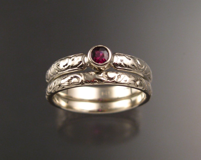 Garnet Wedding set 14k White Gold Ruby substitute Victorian bezel set two ring set made to order in your size