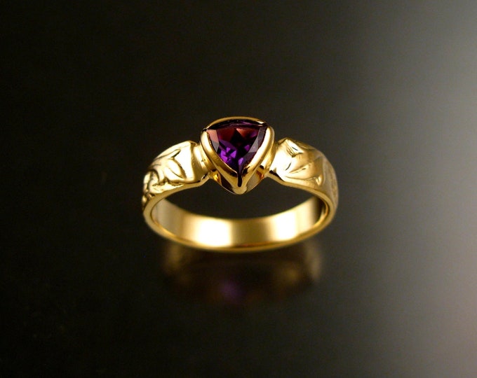 Amethyst Triangle 14k yellow Gold Victorian flower and vine pattern bezel set ring made to order in your size