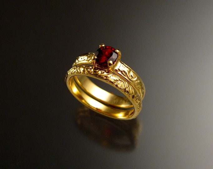 Garnet Wedding set 14k Yellow Gold Ruby substitute Natural Red Garnet two ring set made to order in your size