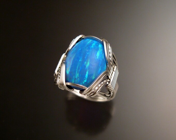 Powder blue Lab created Opal ring handcrafted in Sterling Silver made to order in your size