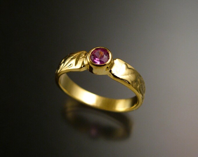 Pink Sapphire 14k Green Gold Victorian flower and vine pattern bezel set pink Diamond substitute ring made to order in your size