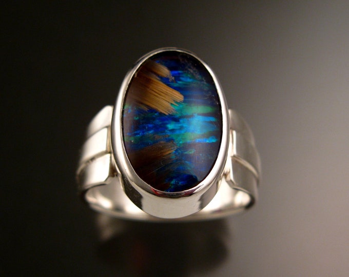 Rutilated Quartz and Blue Lab Opal Doublet ring size 12