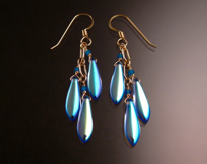 Czech Glass "Dagger " Earrings Iridescent Powder-blue Gold Filled