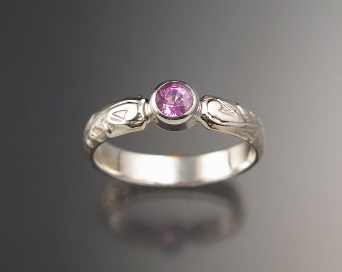 Pink Sapphire Victorian floral band Wedding Engagement ring crafted in Sterling Silver made to order in your size