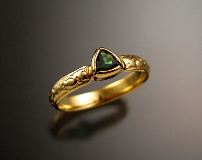 Tsavorite Garnet Triangle Wedding ring 14k Yellow Gold Victorian bezel set stone ring made to order in your size