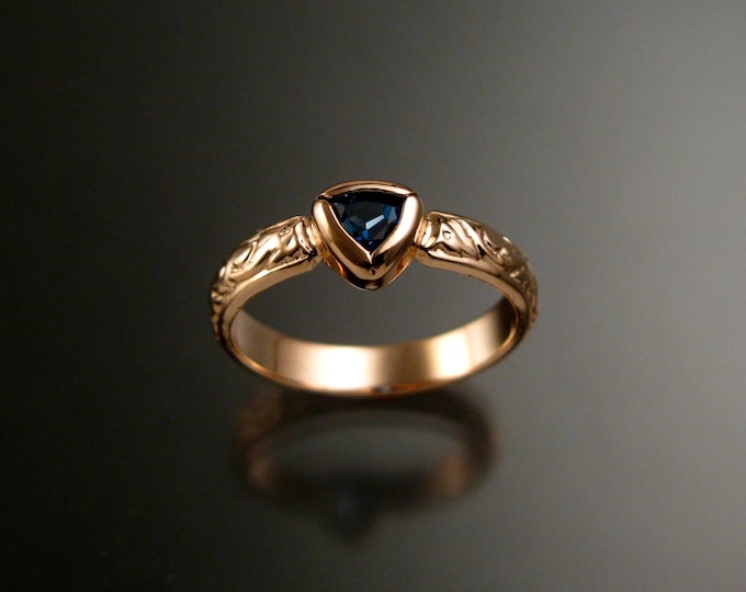 London Blue Topaz trillion cut Victorian Engagement ring 14k Rose gold bezel set pink gold wedding ring