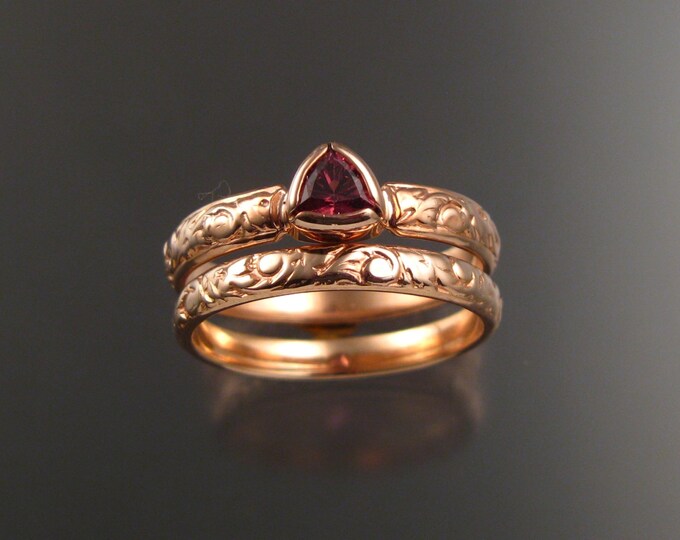 Pink Tourmaline Triangle Wedding set 14k Rose Gold Victorian bezel set stone two ring set made to order in your size