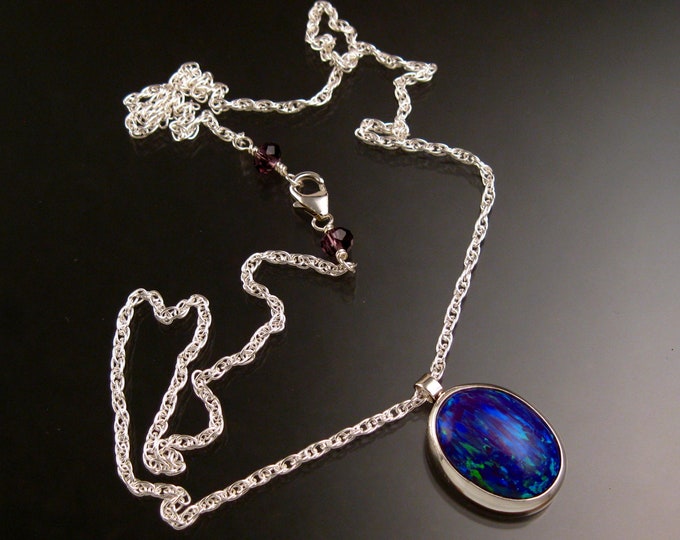 Lab created Opal necklace Purple Opal Sterling Silver Bezel set Stone