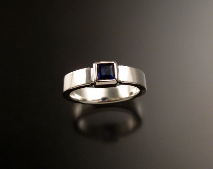 Iolite Deep blue Sapphire substitute square stone sturdy bezel set stone ring Sterling Silver Handmade