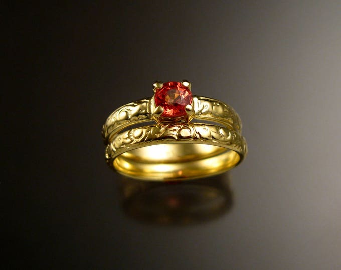 Orange Sapphire 14k Green Gold Victorian floral pattern wedding ring set Padparadscha engagement rings Made to order in your size