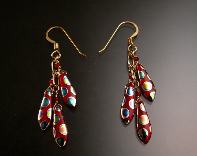 Czech Glass "Dagger " Earrings Gold Filled Polkadot rainbow pattern