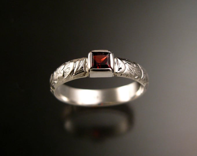 Garnet Ring Sterling Silver square stone Victorian floral pattern band Sterling Silver Handmade to order in your size