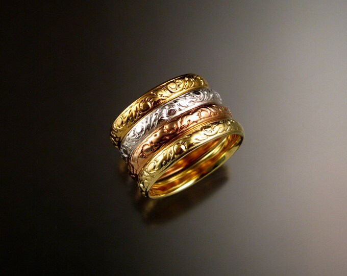 Stackable solid 14k Gold Victorian Floral pattern band four color ring set made to order in your size 14k gold stacking rings