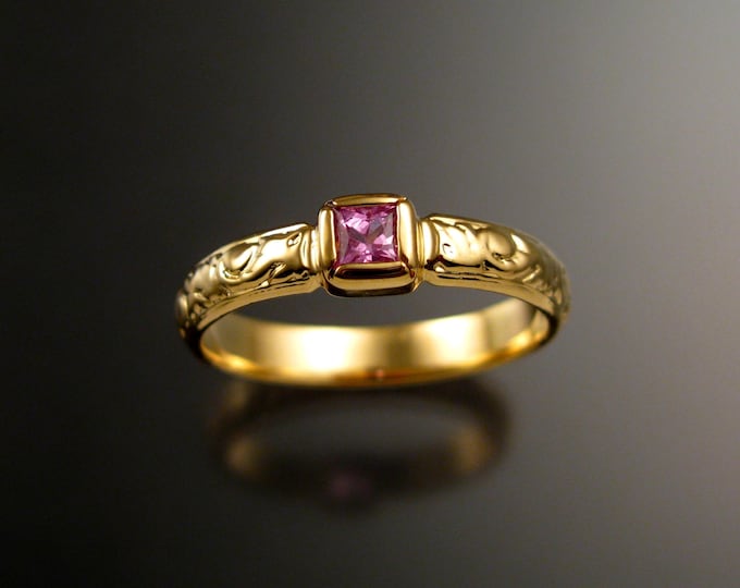 Pink Sapphire Wedding ring 14k Yellow Gold Victorian bezel set Natural princess cut Pink Diamond substitute ring made to order in your size