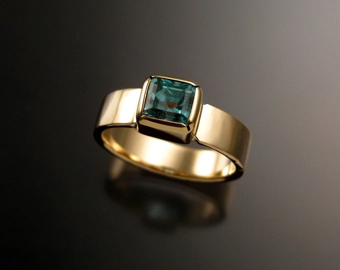 Emerald ring 14k Yellow Gold with bezel set stone size 8 large Emerald ring