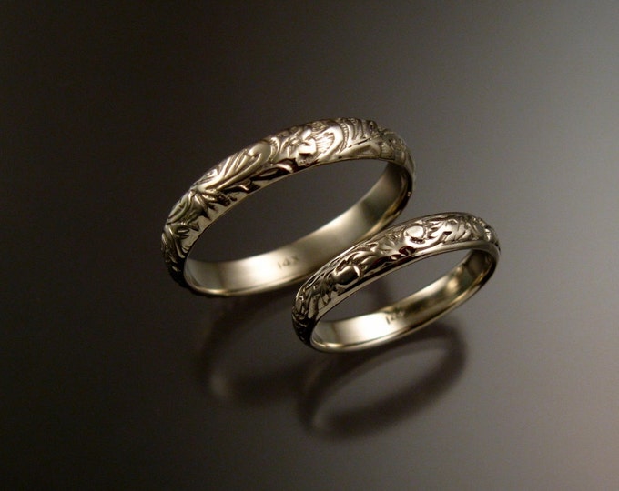 14k white Gold Floral pattern Band His and Her's wedding set made to order in your size Victorian two ring wedding bands