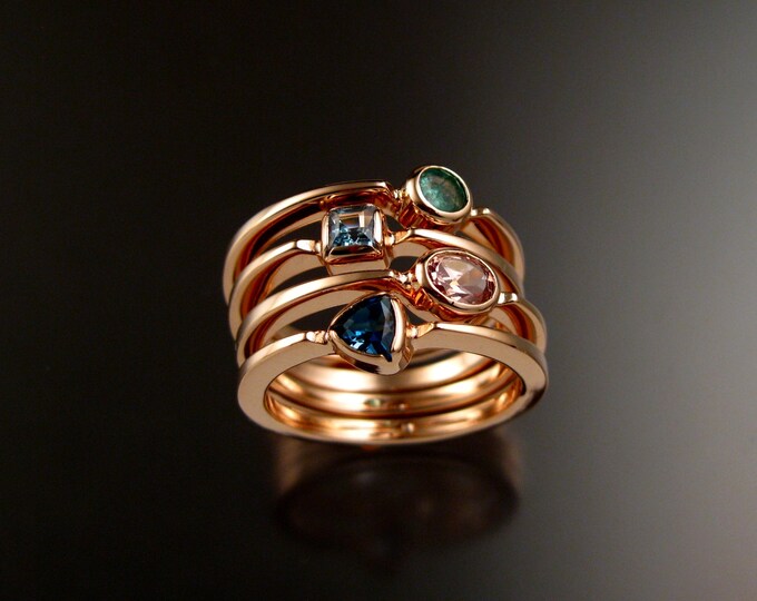 Stackable Mothers Birthstone ring set of Four 14k Rose Gold premium birthstone rings Made to order in your size